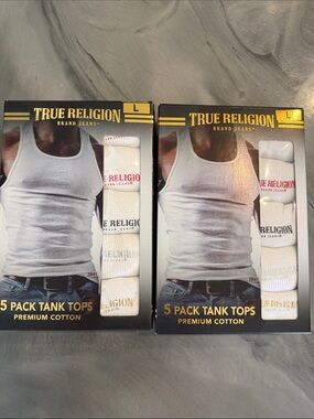 New in Box True Religion Men’s White Tank Tops 5-Packs 2 boxes size L